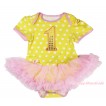 Yellow White Dots Baby Bodysuit Light Pink Pettiskirt & 1st Sparkle Yellow Birthday Number Print JS4410